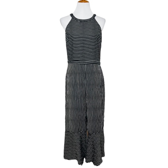 Skies Are Blue Tie Back Black White Striped Pinafore Flare Leg Cropped Jumpsuit - Picture 2 of 16